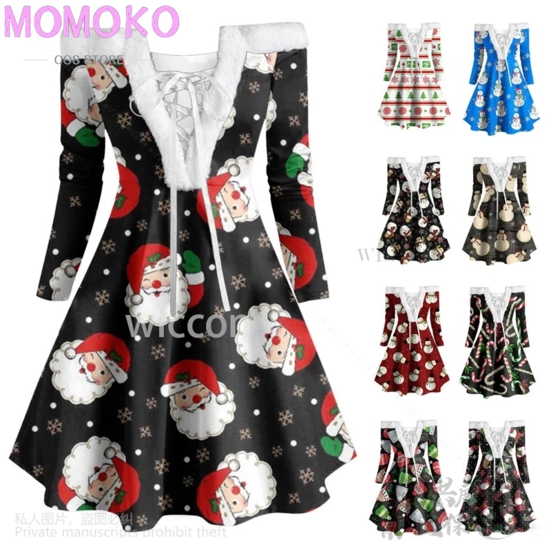 Anime 2024 abito natalizio elegante fiocco di neve sexy spalle scoperte manica lunga collo in pelliccia sintetica Lolita per donna ragazza personalizzata