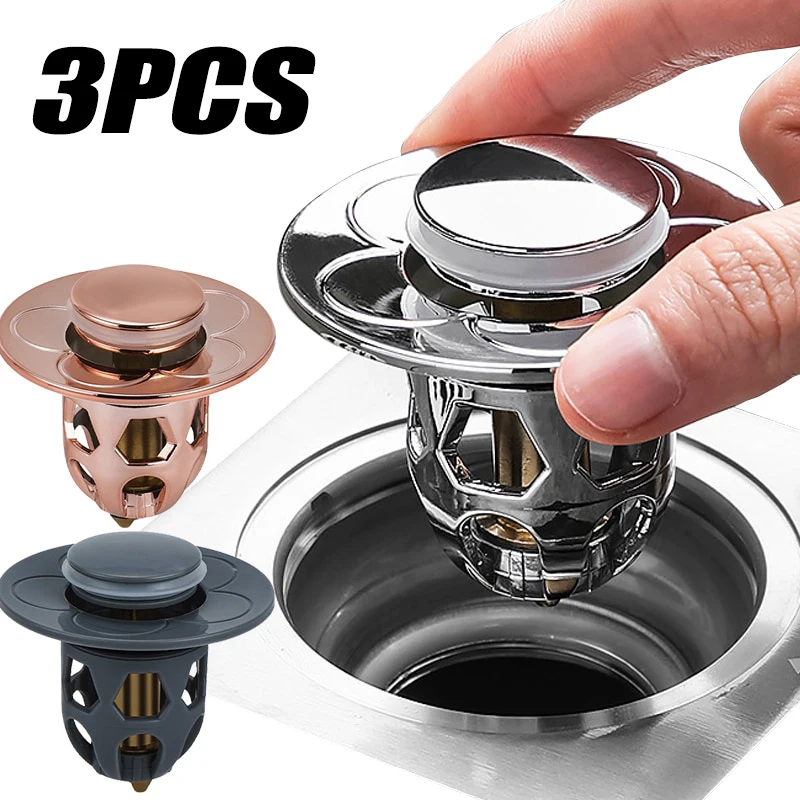 3PCS Washbasin Sink Floor Drain Drain Pop-Up Core Hair Catcher Shower Sink Strainer Push-to-Order Plug Fittings