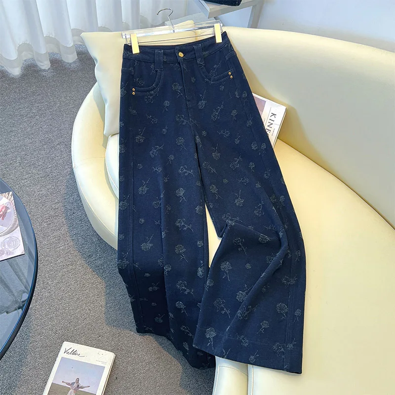 

Джинсы женские Faion с высокой талией, широкие штанины, осенне-зимние, новые, стройнящие, свободные, прямого кроя, повседневные, с цветочным принтом