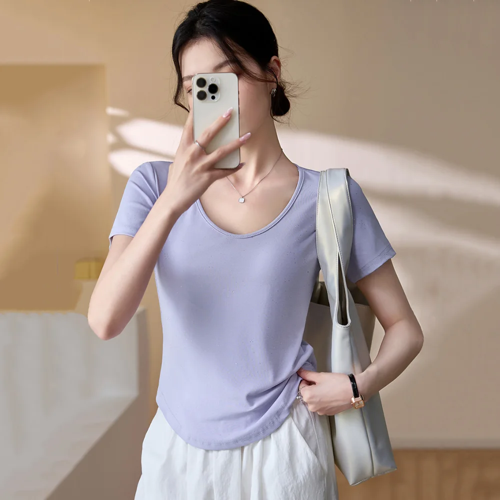 

New Women Summer Casual Short T-shirt Fashion U-Neck Short Sleeve Slim Waist Stretch Tees Simplicity Easy match Violet T-shirt
