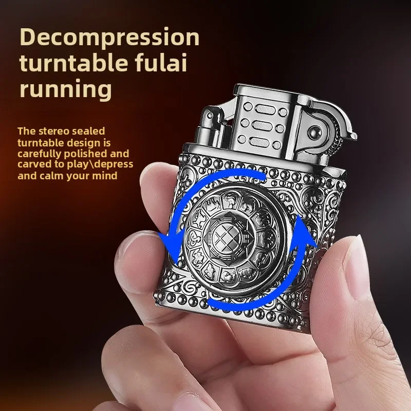 Creative Decompression Turntable Red Flame Windproof Lighter Press Straight 3D Relief Cigarette Lighter Men's Gift Wholesale - Image 3
