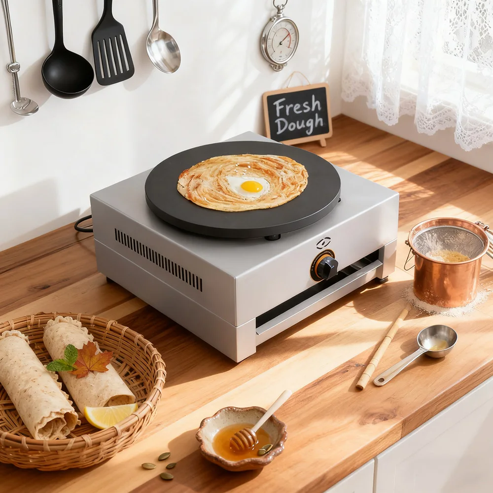 صانع الكريب التجاري يعمل بالغاز تفلون طلاء غير لاصق 2800Pa 40 سنتيمتر سطح الطبخ ماكينة صنع الفطائر لكشك طعام الشارع