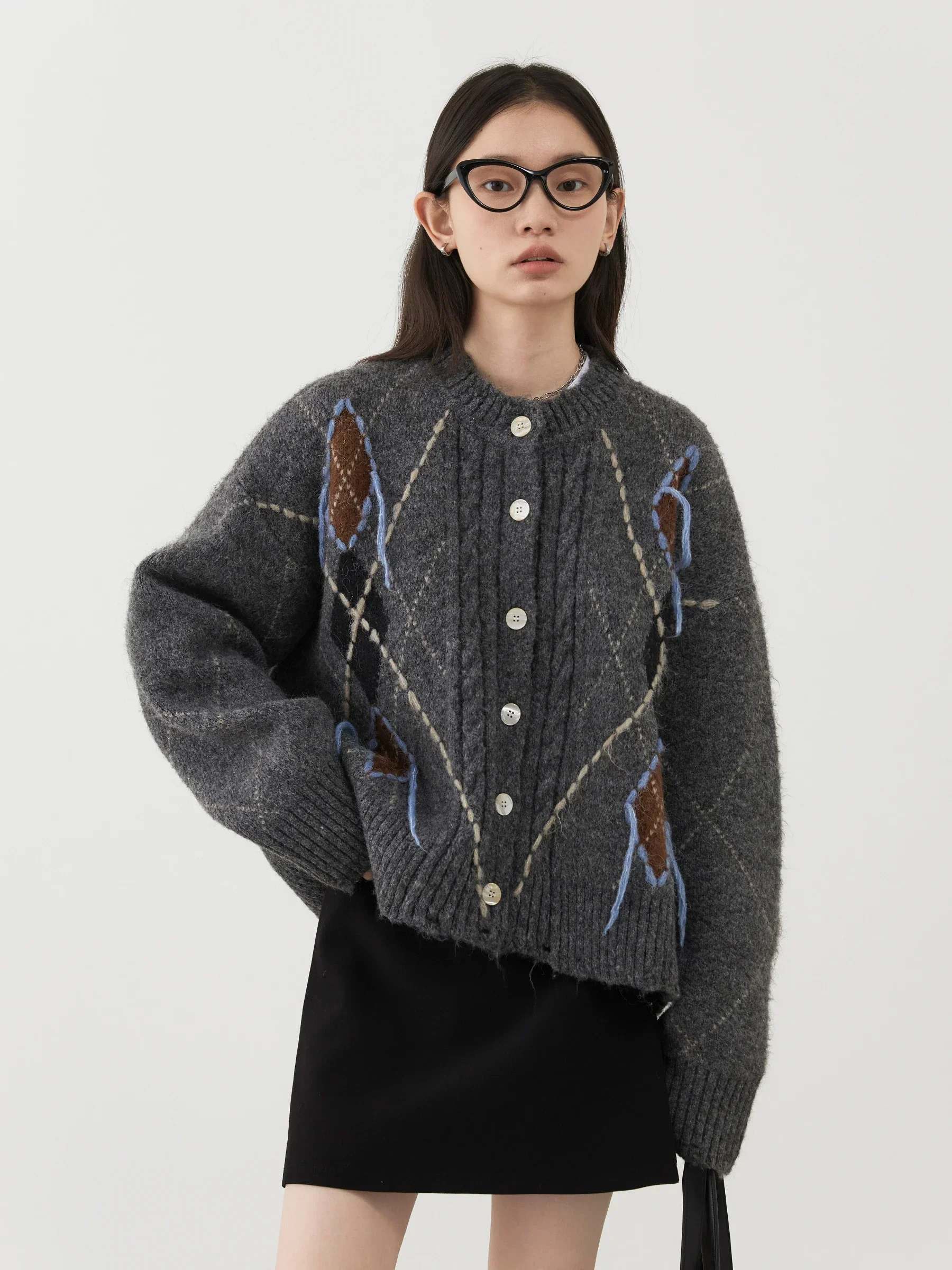 CHIC VEN Women\'s Knitted Cardigan Warm Loose Vintage Sweater Colorful Diamond Pattern Female Jumpers Autumn Winter Clothes 2024