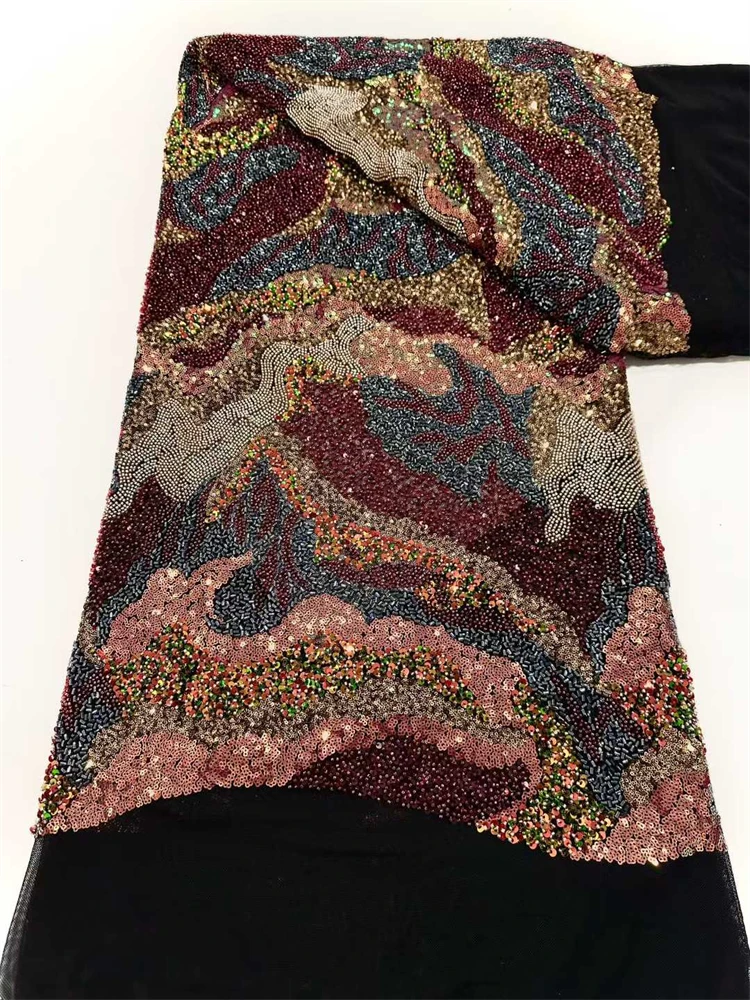 ผ้าลูกไม้ปักลูกปัดทำมือจากแอฟริกาขายส่ง, งานปักเลื่อมลูกปัดหนัก, ผ้าทูลล์ฝรั่งเศส, ผ้าตาข่าย, หรูหรา, งานแต่งงาน, 5 หลา