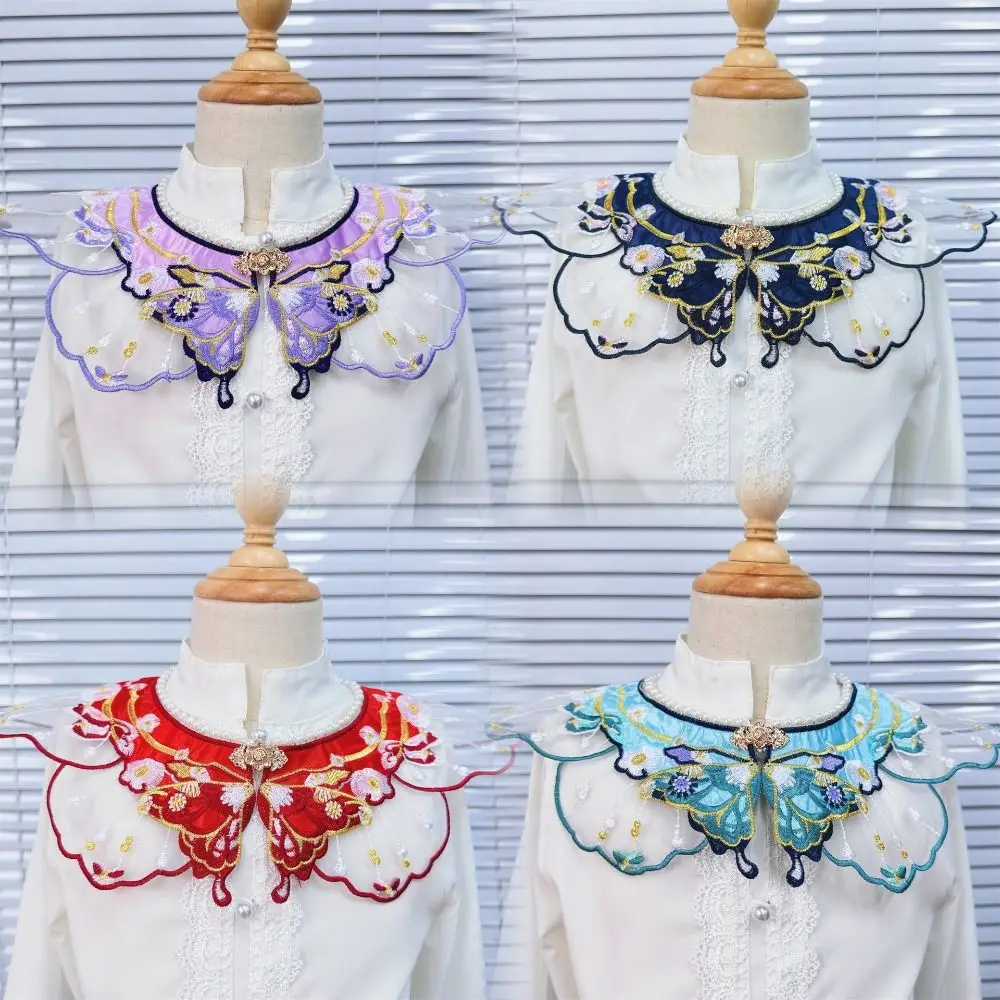 Embroidery Decoration Hanfu Shawl Pearl Butterfly False Floral Yunjian Chinese Round Neck Kids Shirt False Collar