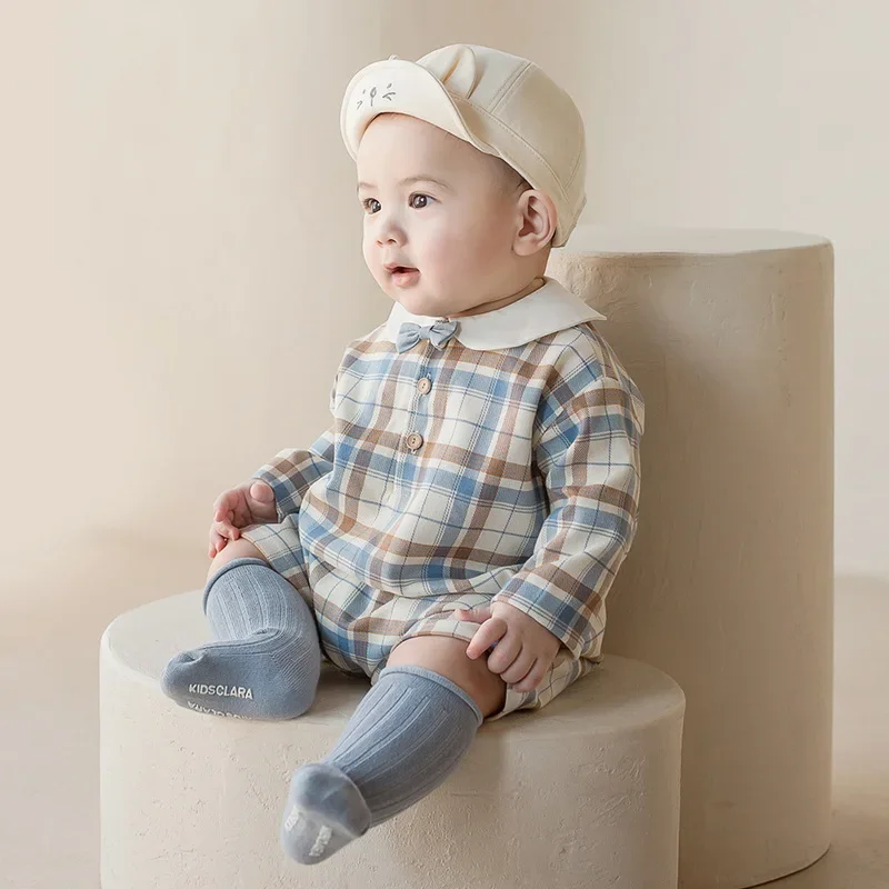 Cotton Newborn Romper Baby Boys & Girls Fashion Soft Plaid Long Sleeve Jumpsuit Unisex Spring & Autumn Daily Clothes