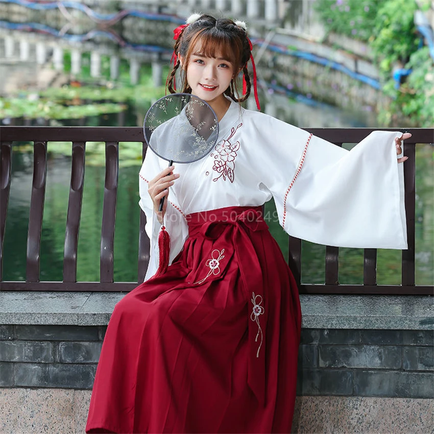 

Japanese Dress Women Kimono Cardigan Girls Skirt Top Set Floral Embroidered Full Sleeve Yukata Haori Ancient Oriental 2Pcs Suit