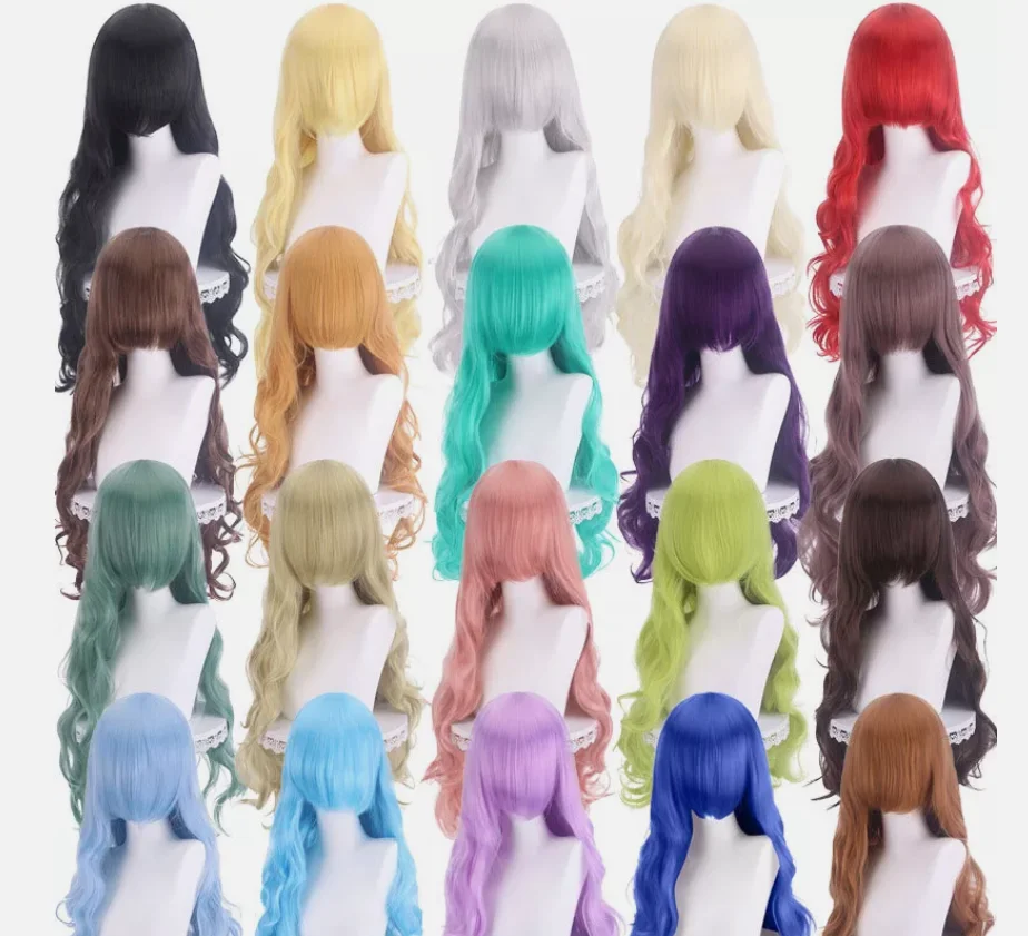 19 colores Anime largo y rizado pelucas de cosplay de alta calidad 80 cm pelo sintético ondulado