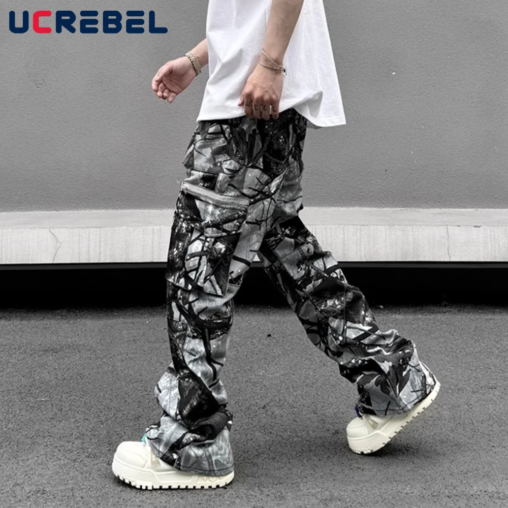 Camouflage Spliced Cargo Pants Mens Multi-Pocket Summer High Street Loose Flare Pants Men Trousers