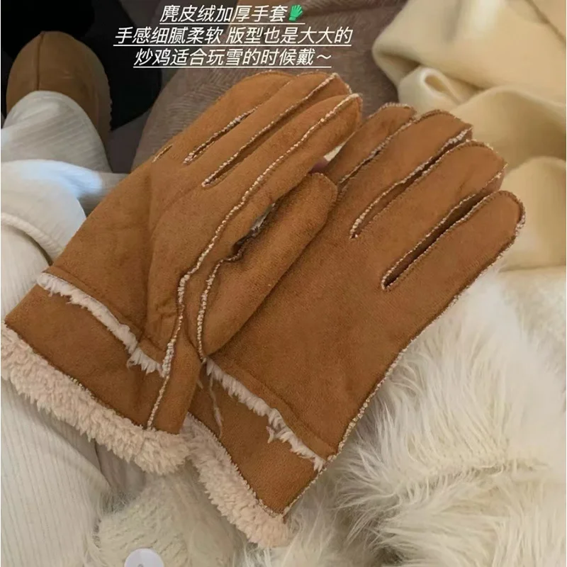 Super Warm Chestnut Color Autumn and Winter Finger Gloves Outdoor Riding Northern Skiing Windproof Lamb Wool Suede Gloves