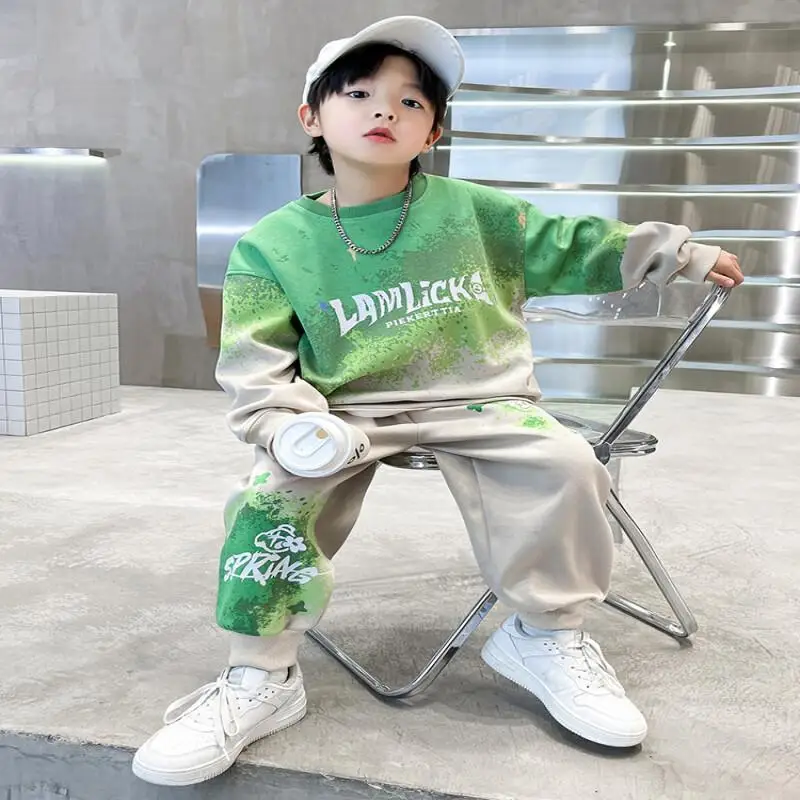 Boy Hoodie Autumn and Winter Korean Version 2-Piece Set Autumn and Winter New Fashion Student Cartoon Casual Children's Clothing