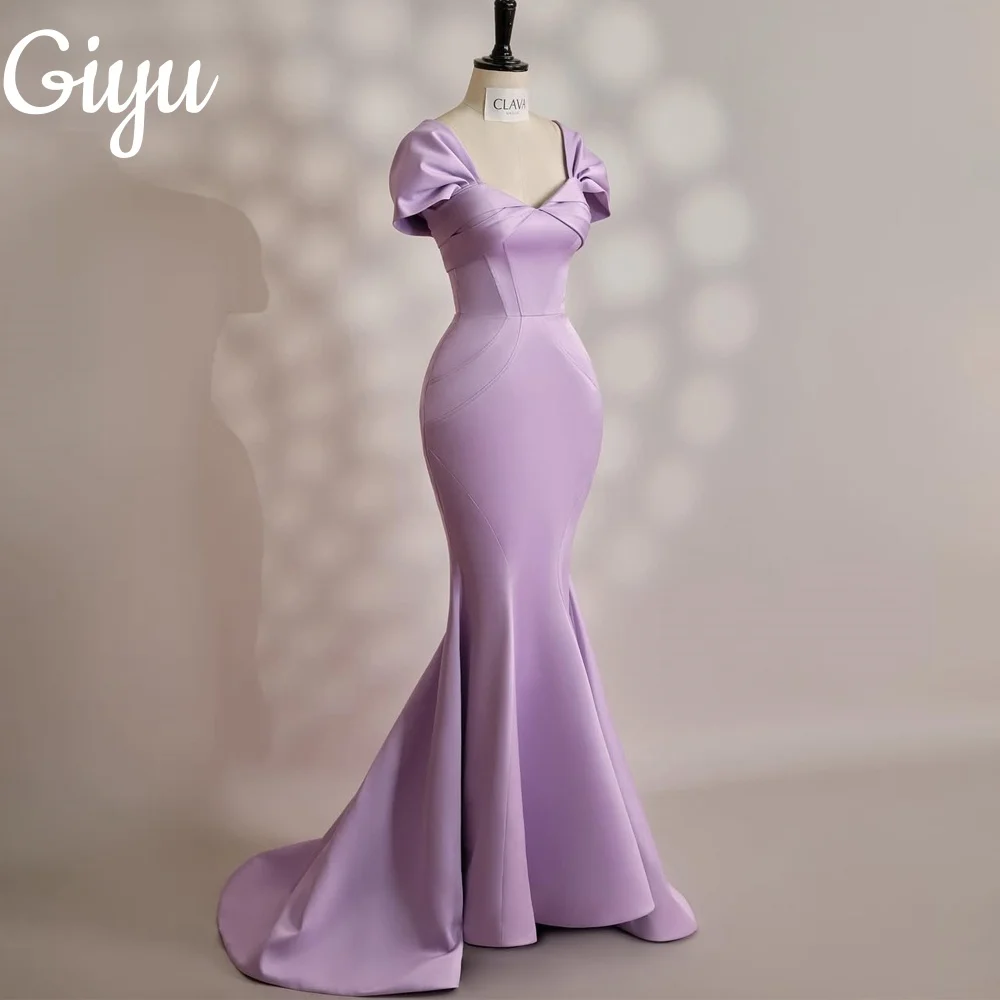 

Giyu 2025 New Elegant Purple Soft Satin Mermaid Prom Gown Pleat فساتين سهرة Wide Strap Formal Party Dress Customsied