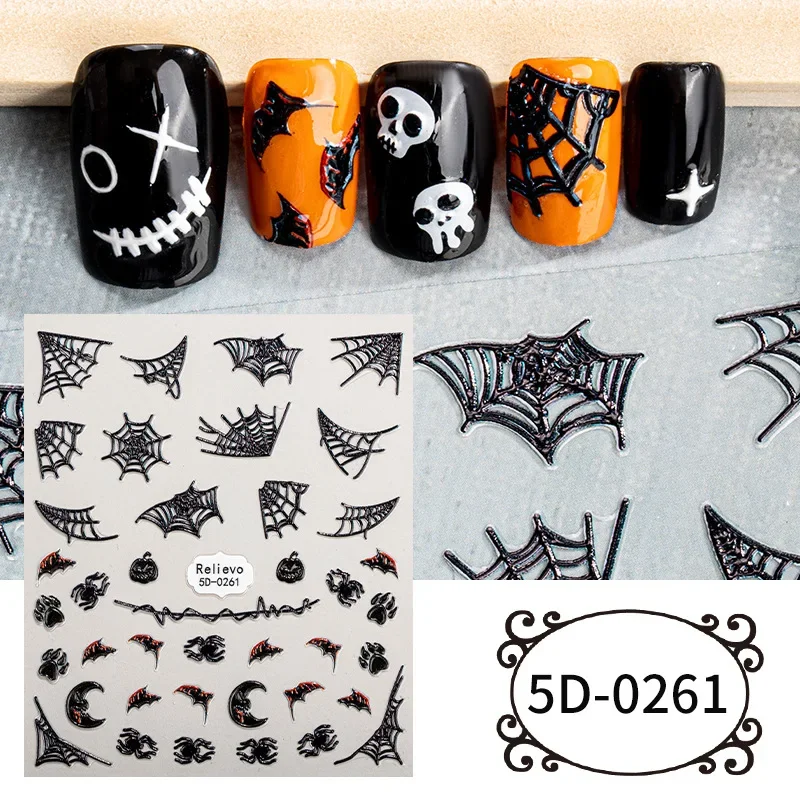 5D Halloween Skull Pumpkin Nail Art Stickers Black Cat Ghost Spider Web Design Nail Adhesive Decals Tattoo Decorations Manicure