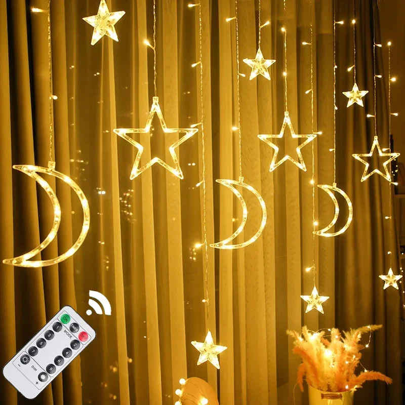 Cortina LED Garland String Light, Islã muçulmano, Eid Al Adha Mubarak, Ramadã, Lua, Estrela, Luzes de Fadas, Casa, Festa, Decoração de Eventos