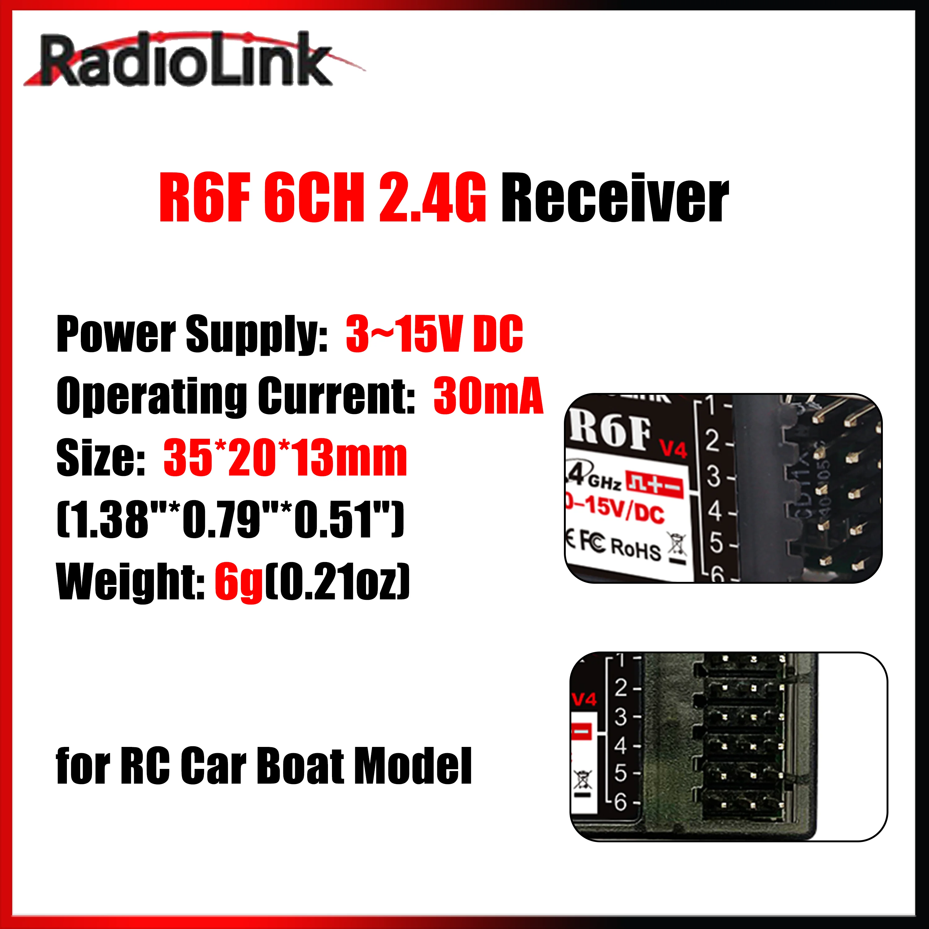 

RadioLink 6CH R16F 2.4G Mini Receiver Radio System for RC6GS V3 T12D T8FB RC8X Transmitter Remote Controller RC Car Truck Boat