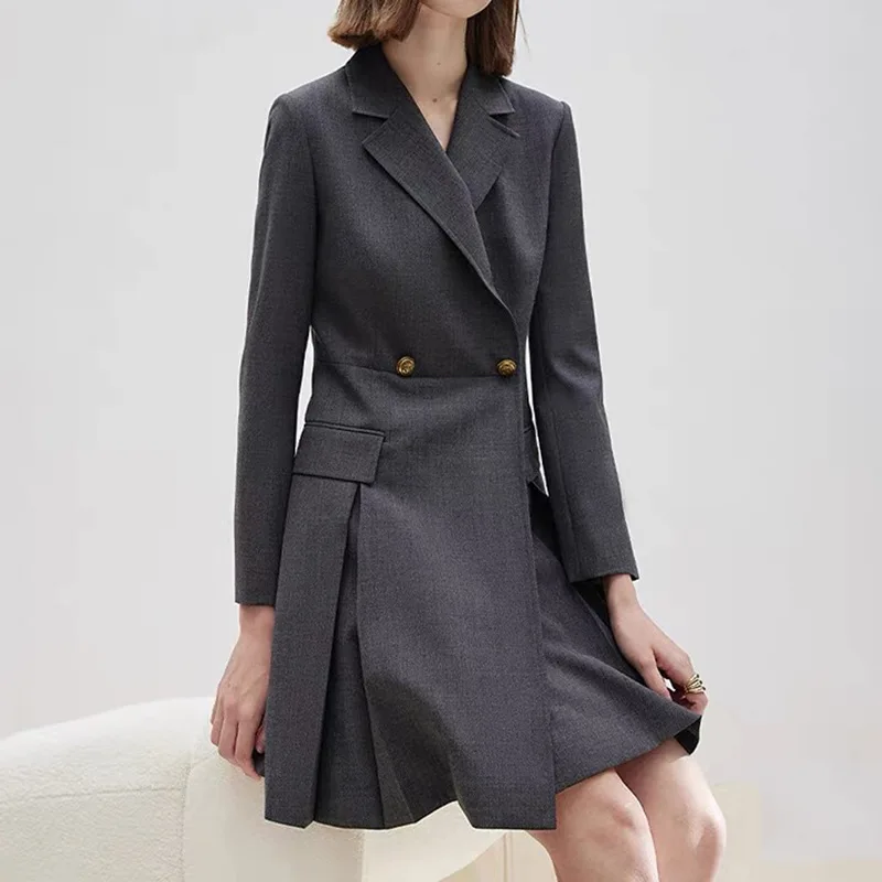 

Wool Suit Dresses Women Pleated Hem Dark Gray Slimming Suit Collar Spring Waist-tightening Slender Waist Clothing Office Lady