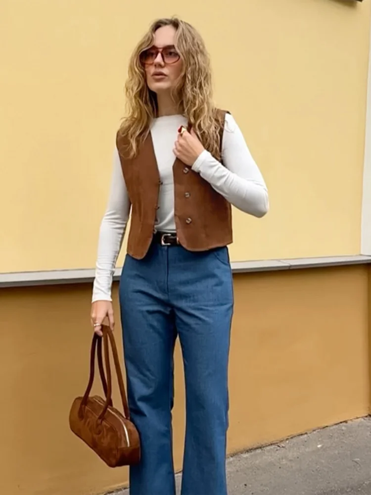 

Женский короткий жилет цвета хаки без рукавов, элегантный однобортный тонкий укороченный жилет с v-образным вырезом, 2026, новые женские весенние жилеты для поездок на работу