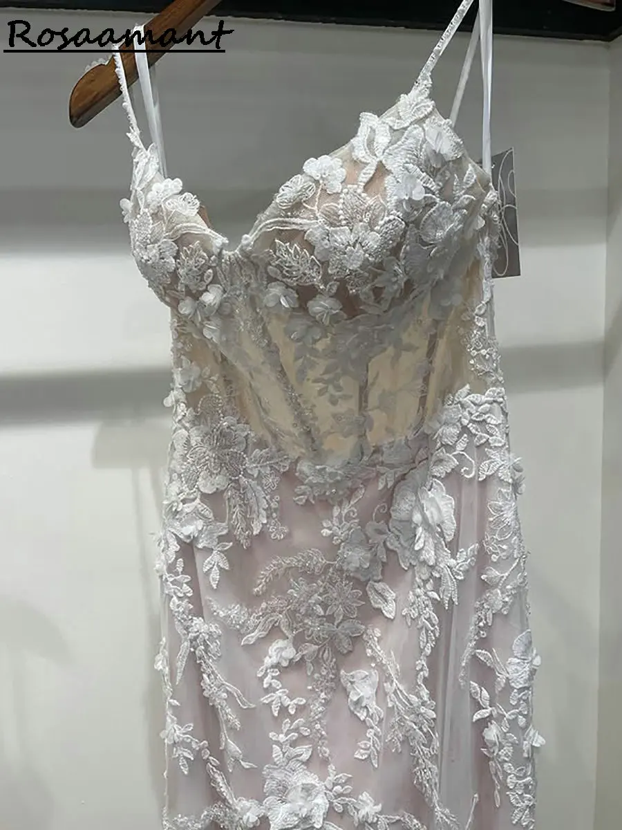 أحدث الوهم السباغيتي الأشرطة حورية البحر فساتين الزفاف بلا أكمام 3D الأزهار الدانتيل البلد أثواب الزفاف