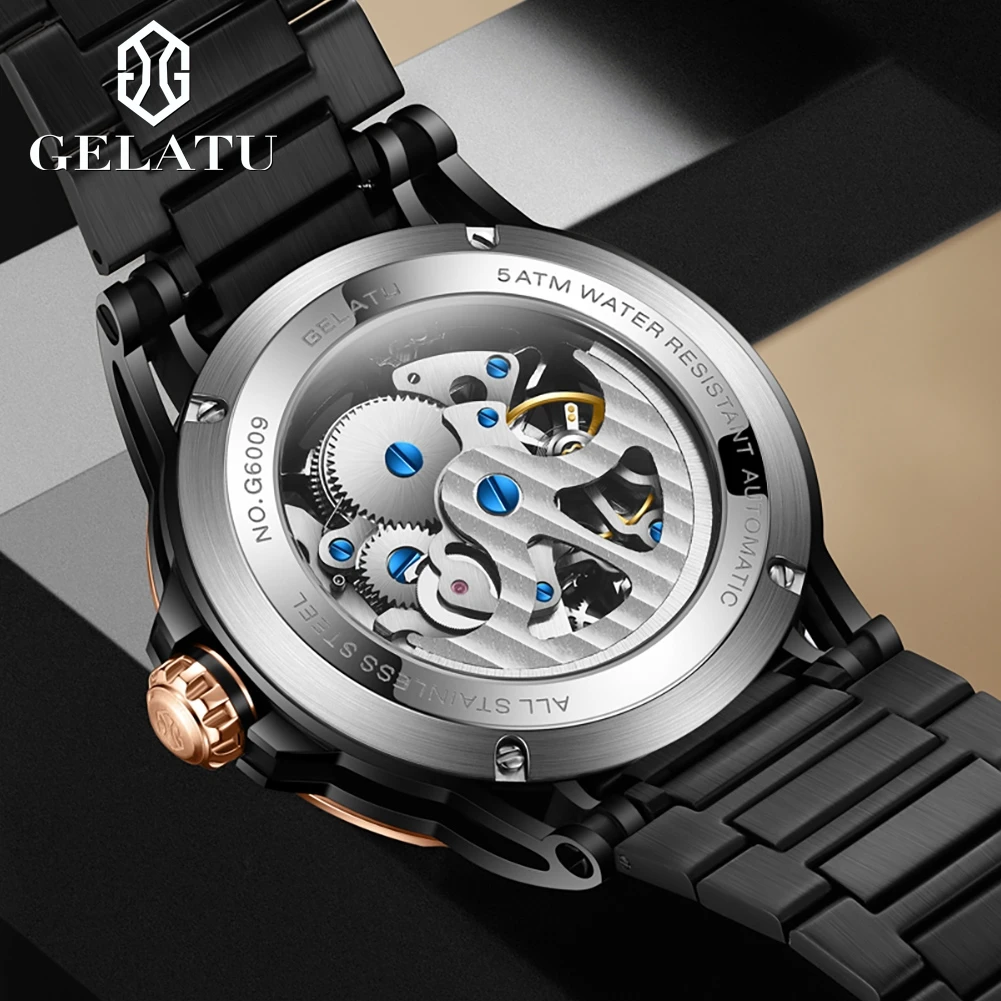 Reloj GELATU 6009 para hombre, reloj luminoso de lujo con esfera grande hueca, resistente al agua, reloj mecánico automático Original para hombre