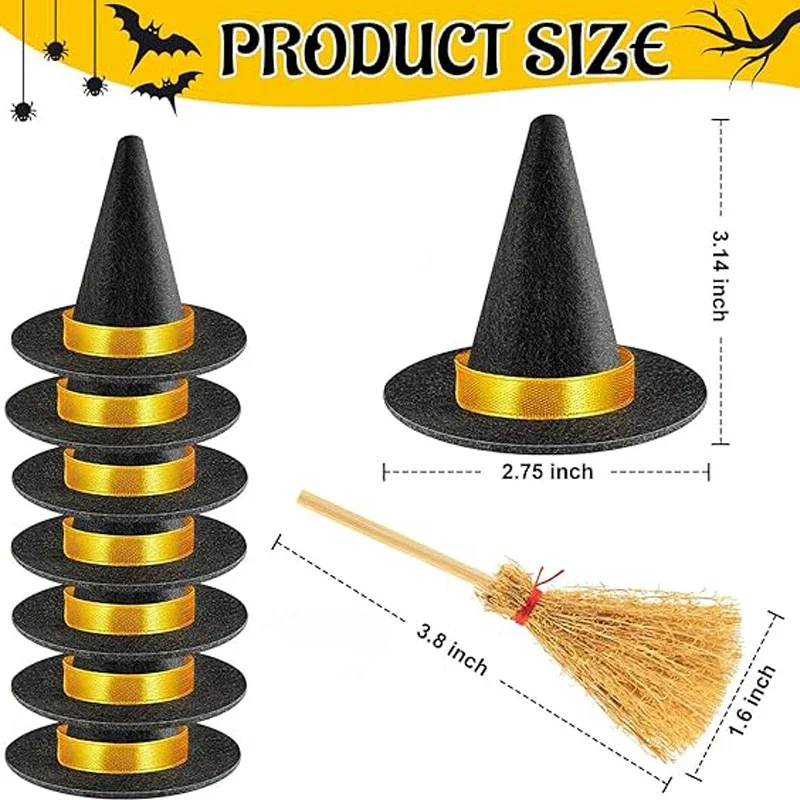 10PCS Mini Felt Witch Hats and Mini Witch Broom Halloween Decorations Wine Bottle Topper DIY Crafts Cosplay Party Supplies