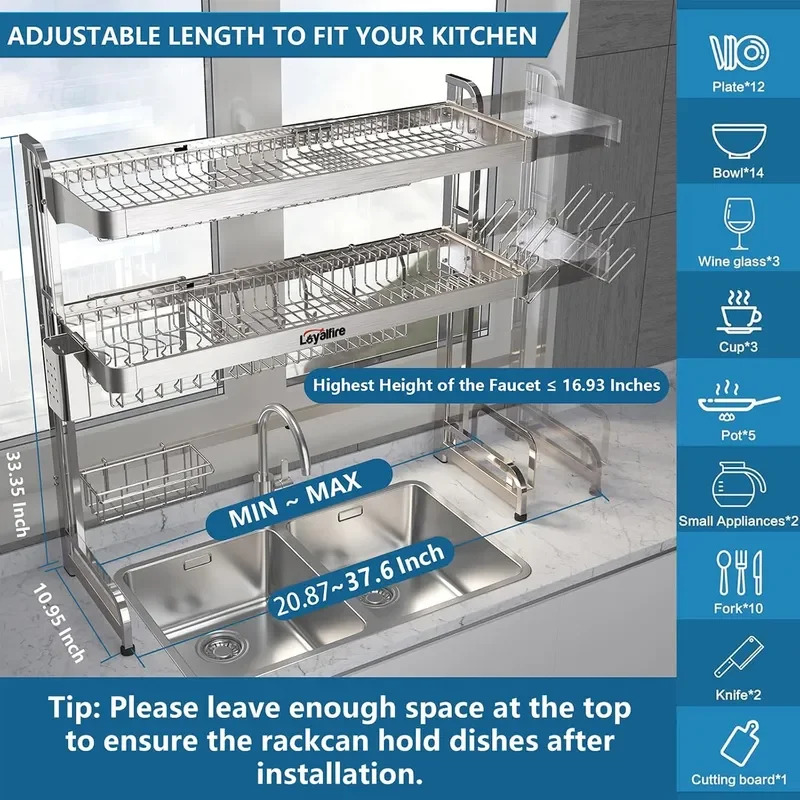 Over Sink Dish Drying Rack 3 Tier Adjustable Length 20.87 to 37.6 Full Stainless Steel Large Storage Kitchen Dish Rack