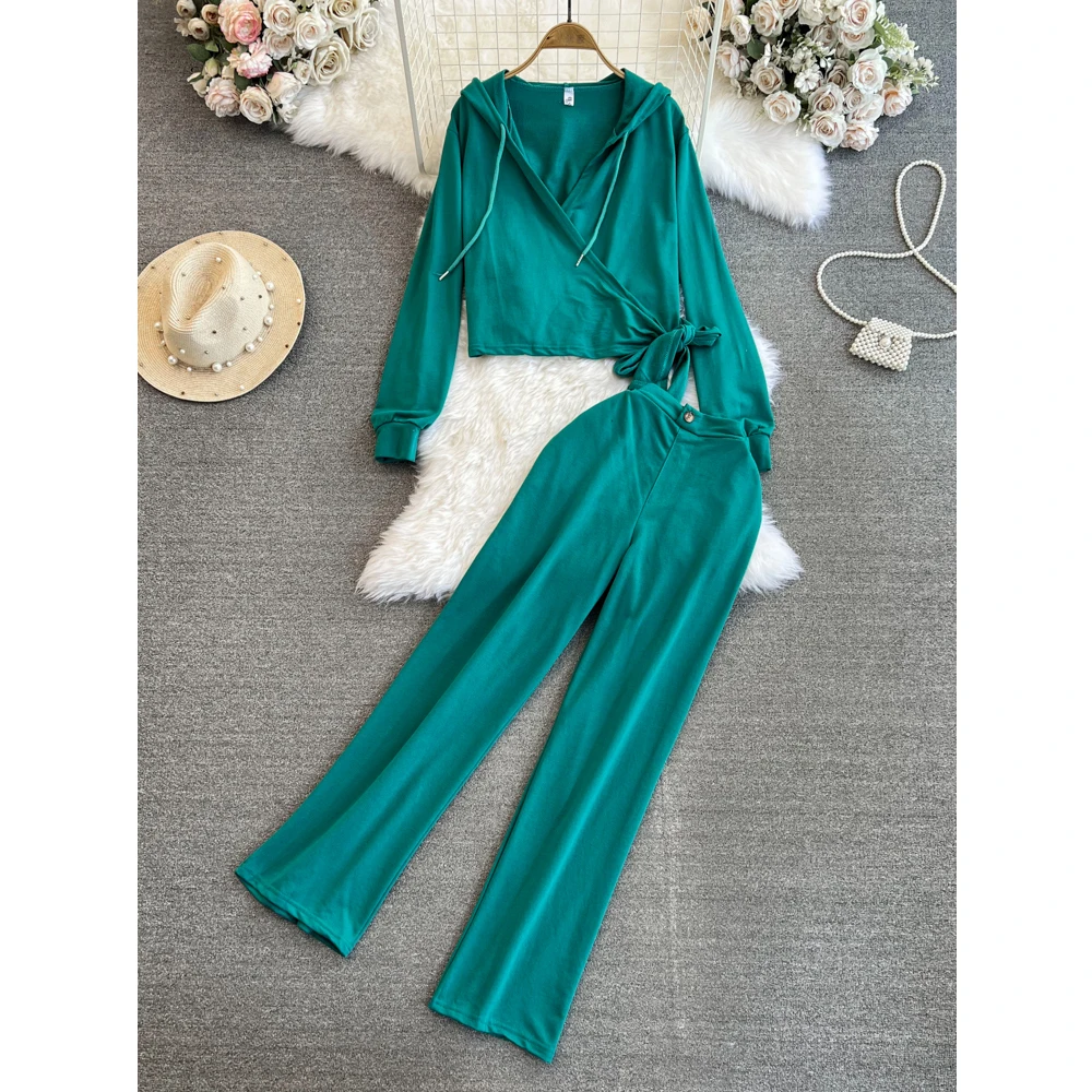 Two Pieces Women Tracksuits Solid Hooded String Short Coat+High Waist Wide Leg Pants 2pcs Female Casual Outfit Clothing Sets