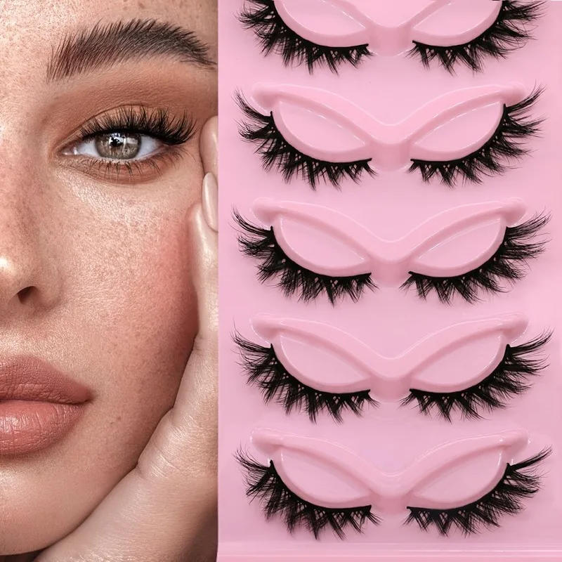 3D Faux Mink Cat Eye Lashes 5 Pairs, Fluffy Curled Fox Eye Eyelashes, Soft Comfortable Cross Thick False Lashes for Makeup