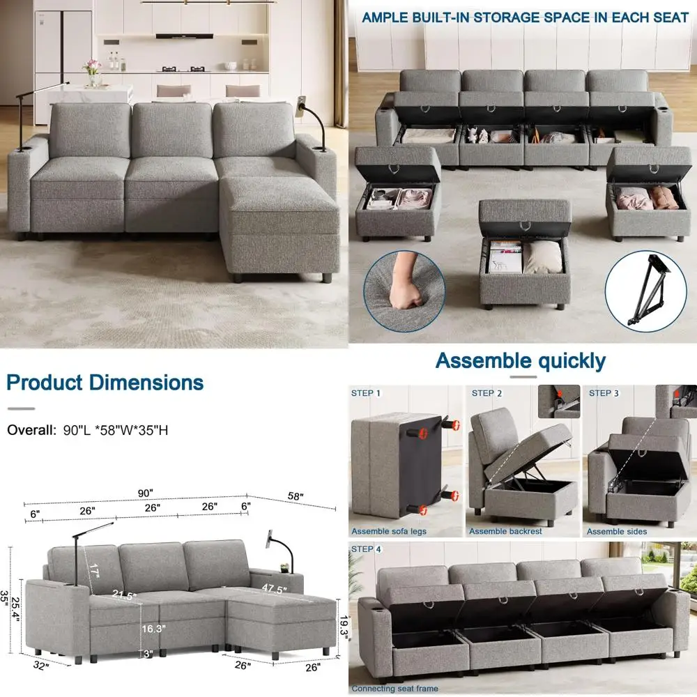 

"modular sectional sofas with multi-function living room couches, storage, power outlets, and cup holders"