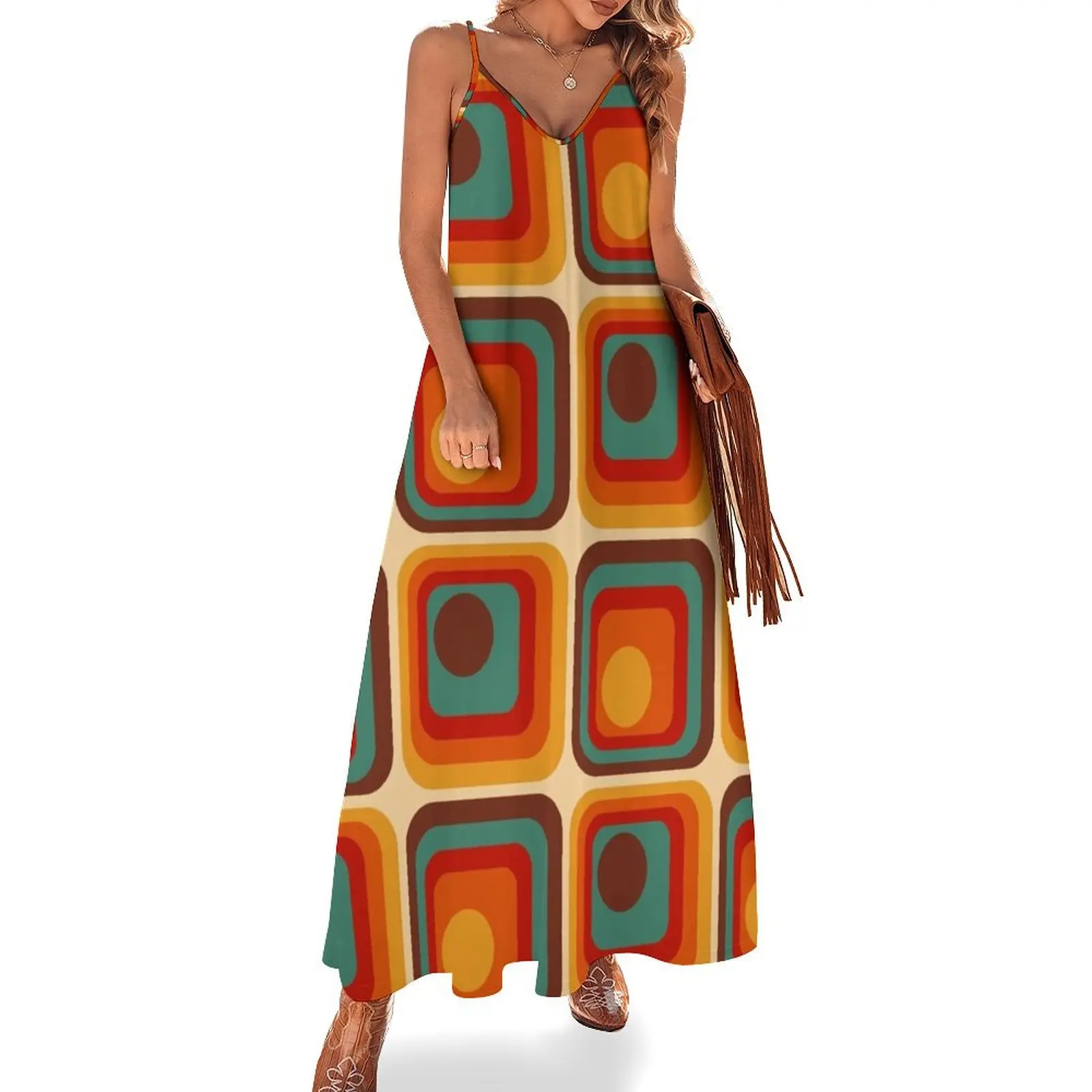 

Retro Geometric Gradient Square and Circle Pattern 221 Sleeveless Long Dress summer dresses ladies 2025 Clothing Dress