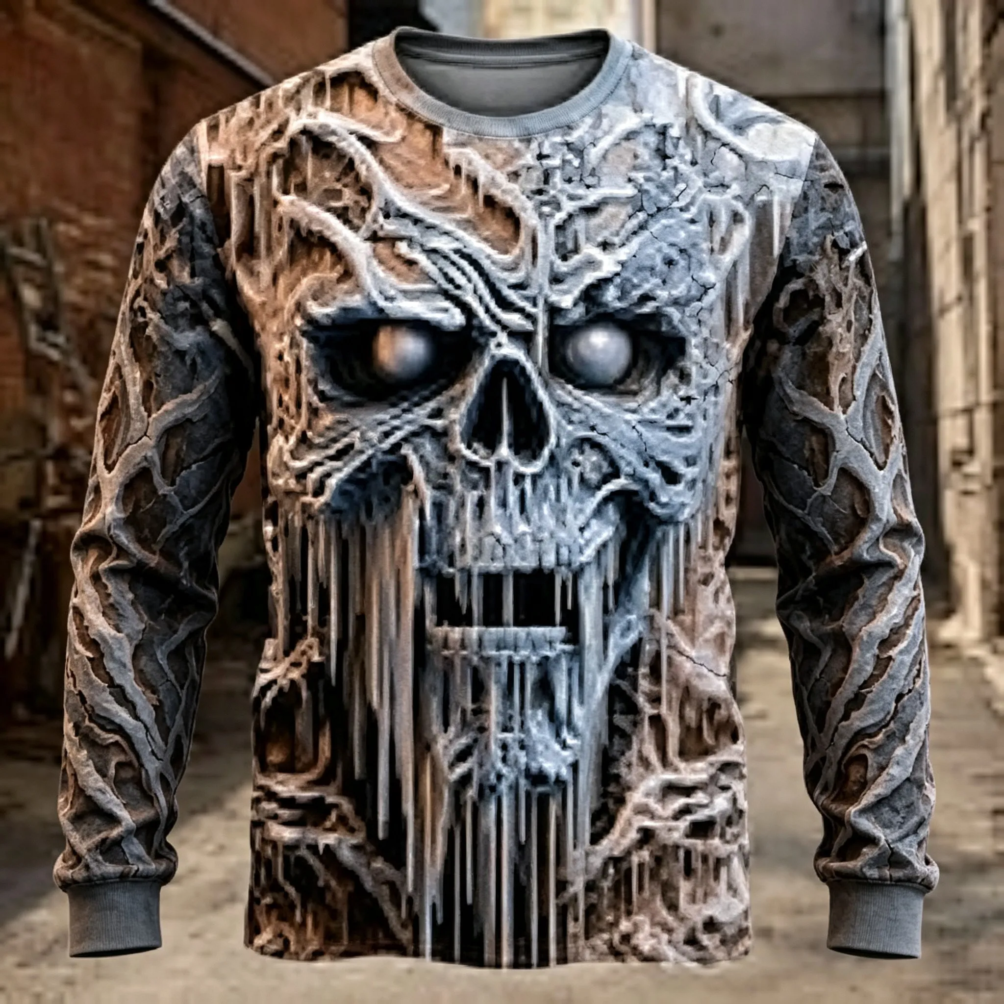 Men's Long Sleeve T-Shirt 3D Frozen Skull Icicle Print Gothic Halloween Street Crew Neck Tops