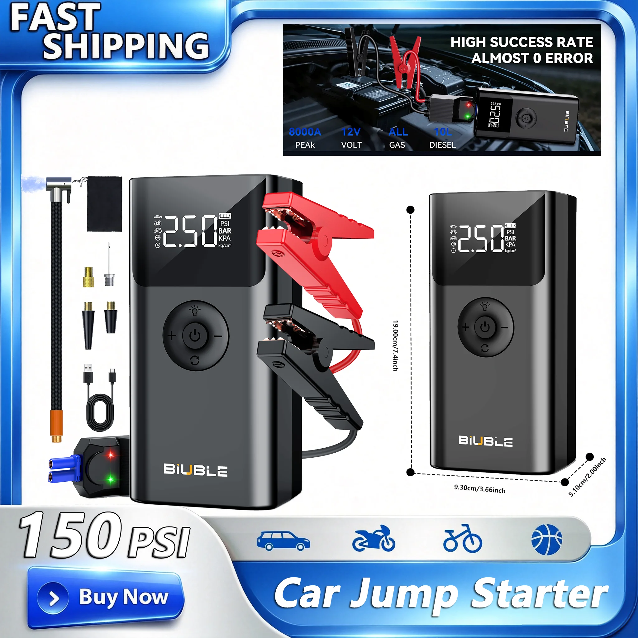 Avviatore di emergenza per auto 2-in-1 8000A con capacità di picco, power bank portatile da 26800mAh con morsetto per display intelligente, gonfiatore digitale per pneumatici da 150PSI, torcia LED a 3