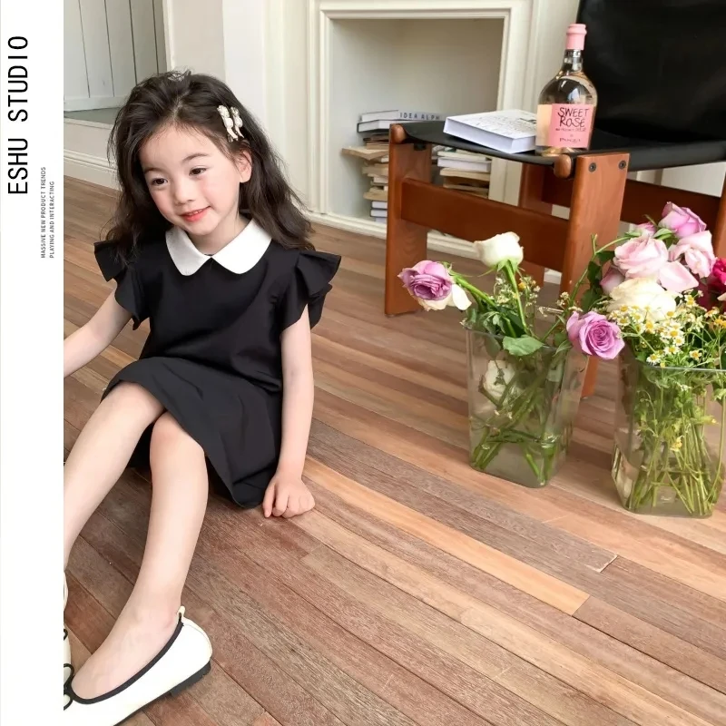 2-12 Years Toddler Baby Summer Sleeveless Dresses for Girls Black Peater Pan Collar Dress Children Outfits Clothing Infant Dress