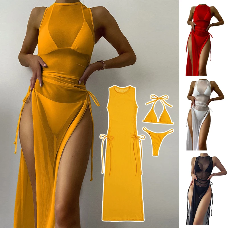 2024 Summer Women Sexy High Slit Side coulisse Knot Lace Up Mesh Cover Up Lingerie Dress Beach Bikini Wraps costumi da bagno Cover-Ups