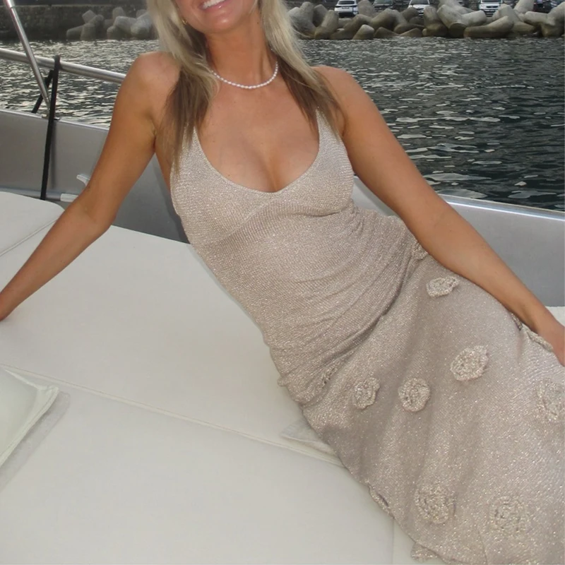 Damen Sommerparty Strandurlaub Strickkleid im langen Stil, Überwurfkleid, Blumendekor, rückenfrei, Bindeband, schmal geschnittenes Freizeitkleid