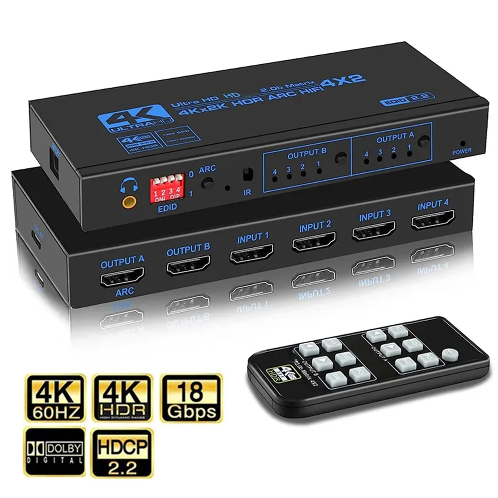 4K 60Hz Matrix 4x2 with Optical 3.5mm Stereo Audio Out Switcher Splitter 4 In 2 Out Support ARC HDCP 2.2 EDID HDMI-compatible