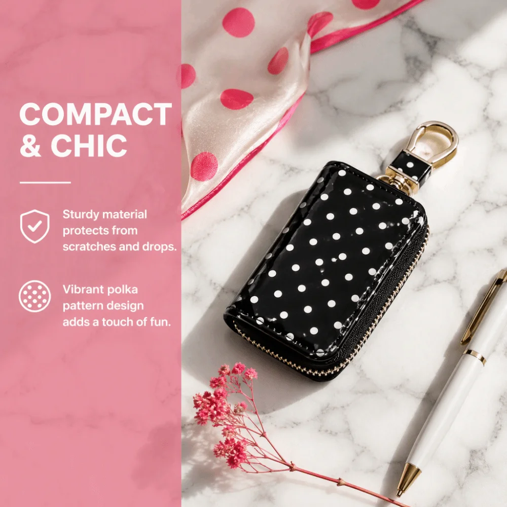 Durable Polka Dot Key Pouch Compact Pu Leather Zipper Key Protection Cover Metal Clasp Water Resistant Small Wallet