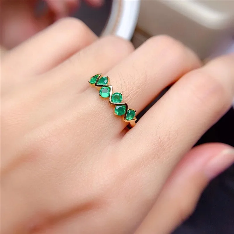 Heartfelt Style Ring Emerald Band Ring for Daily Wear 3mm*3mm Natural Emerald Silver Ring with 3 Layers Gold Plating