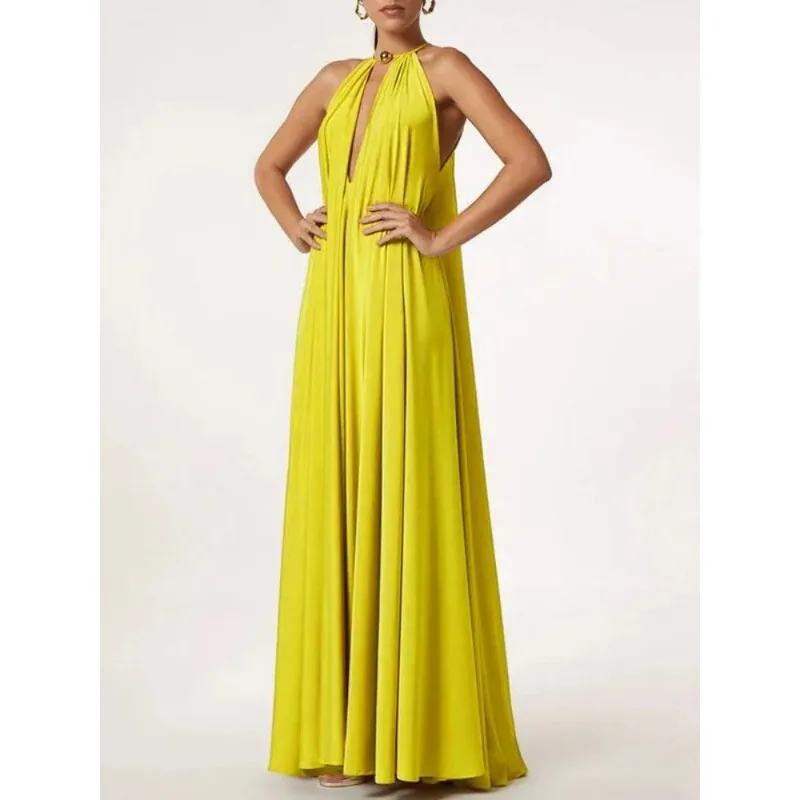 Tinha فساتين حفلات الأعياد باللون الأخضر/الأصفر للنساء 2025 فستان صيفي على شكل حرف a بطيات مجوفة فستان طويل أنيق ملابس نسائية 182717 #6