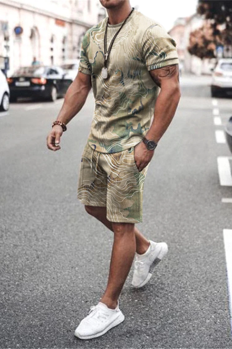 Sommer Männer setzt Shorts Outfits männliche Kleidung Straße T-Shirt zweiteiligen 3D-Druck lässig O-Ausschnitt Trainings anzug übergroße Strand Sport bekleidung – Detail 3