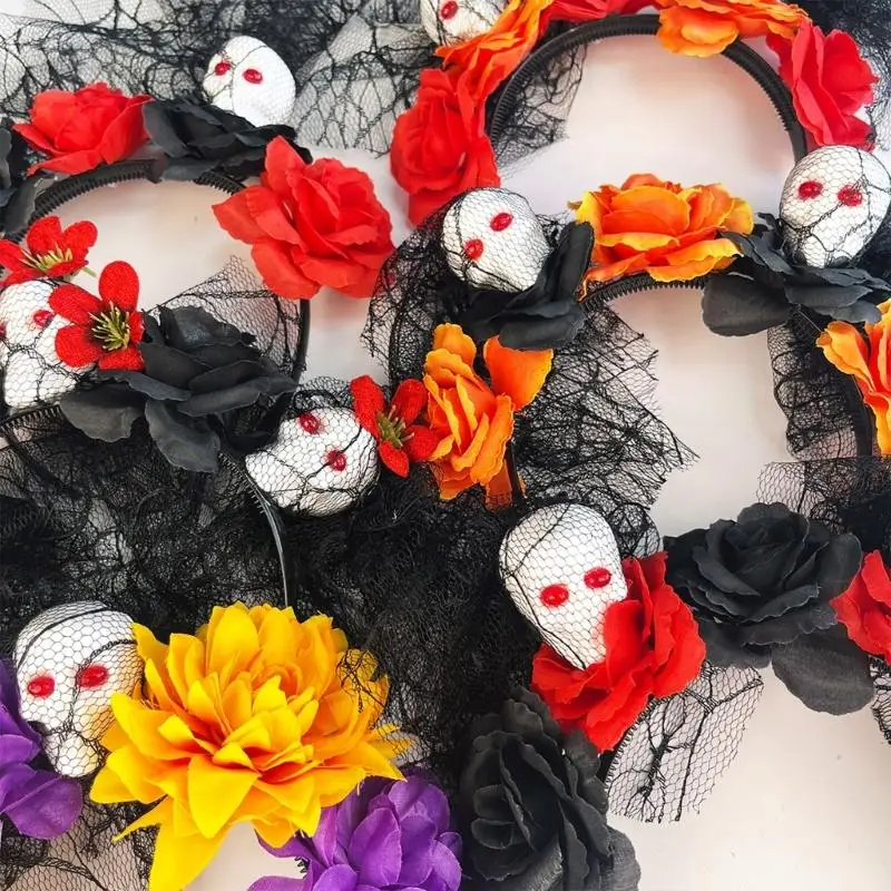 39BD Spooky Party Hair Adornment Headband with Skull Flower Design and Mesh Net for Halloween Outfit Styling and Party Looks
