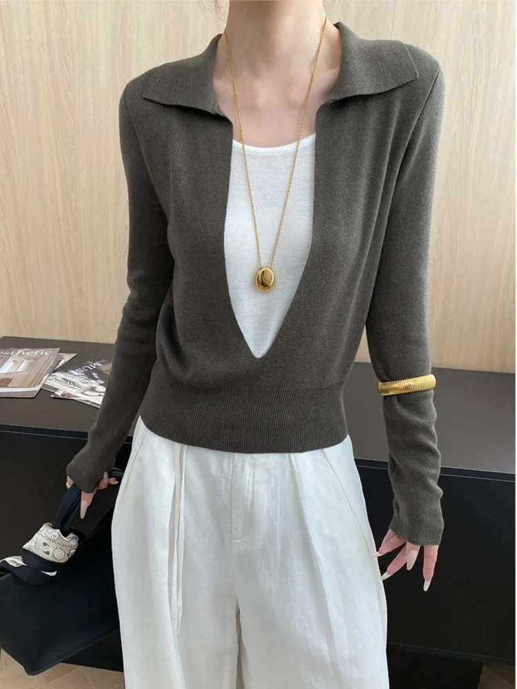 

Весенне-осенний модный женский свитер контрастного цвета из двух частей с лацканами и длинными рукавами, 2024 г.