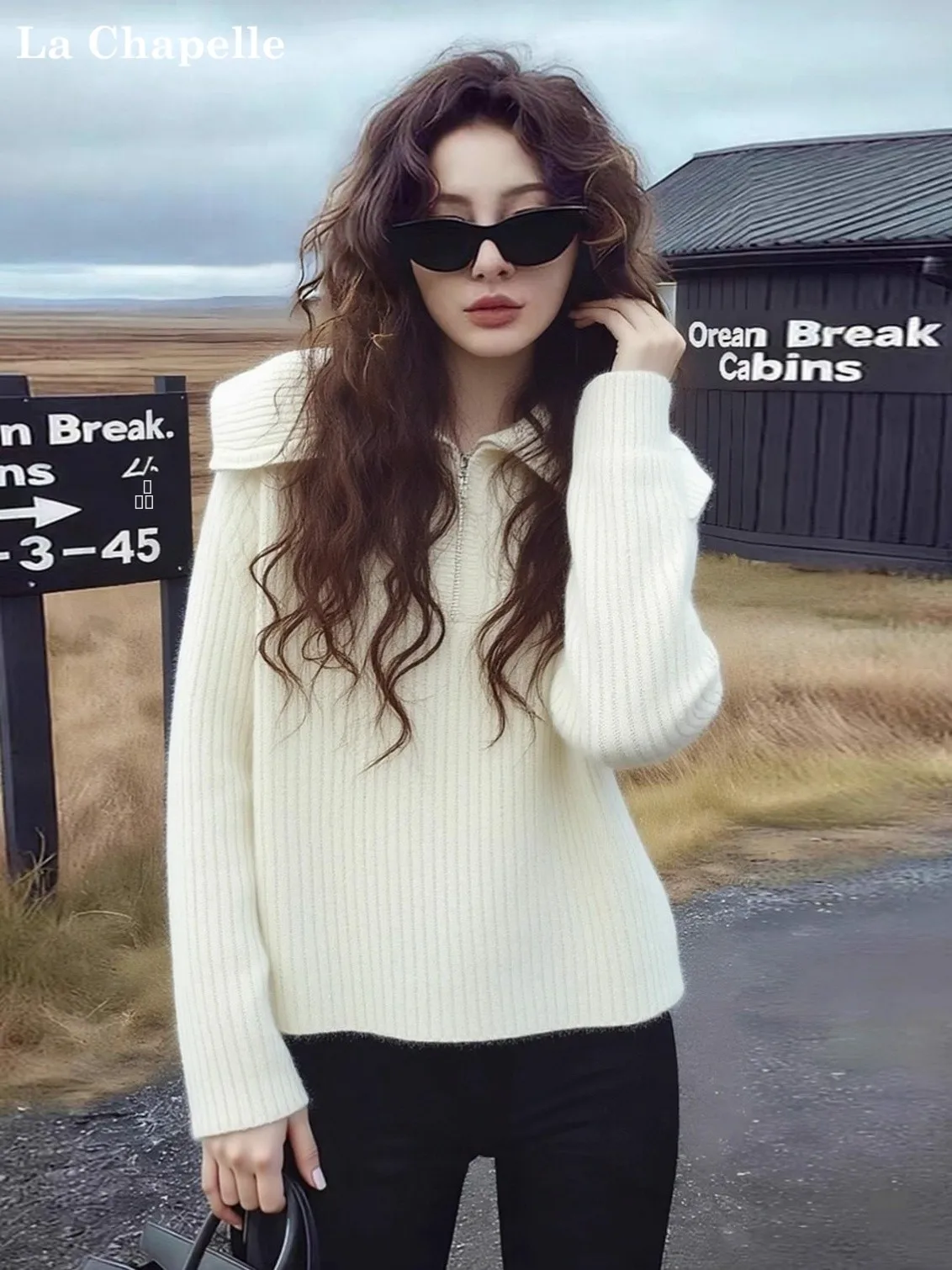 

Свитер La Chapelle свободного кроя с большим воротником и молнией, белый, для женщин, весна-осень-зима, вязаный, премиум-класса