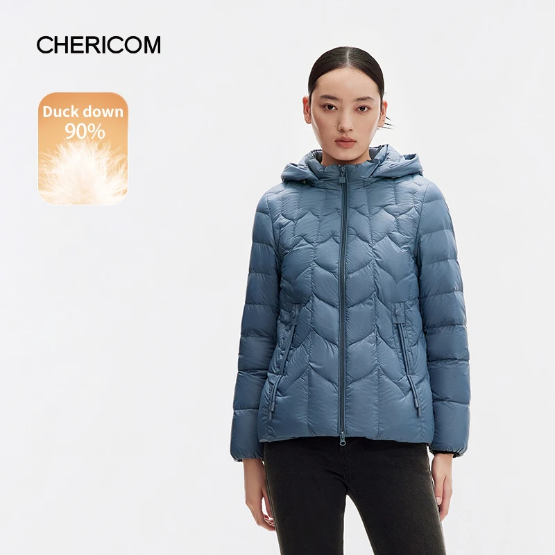 

Chericom Women's Lightweight Winter Down Jacket Stand Collar Hooded Short Puffer Coat with Straight Cut Zippered PocketsY299055Y