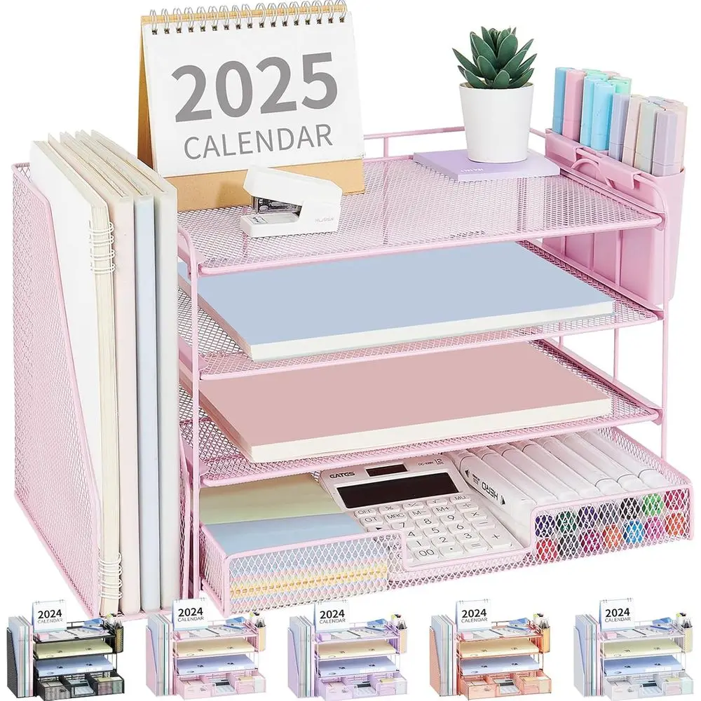 4-Tier Desktop Organizer with Drawers and Sorters, Office Desk Accessories, Workspace Organizers for Office Supplies (Pink)