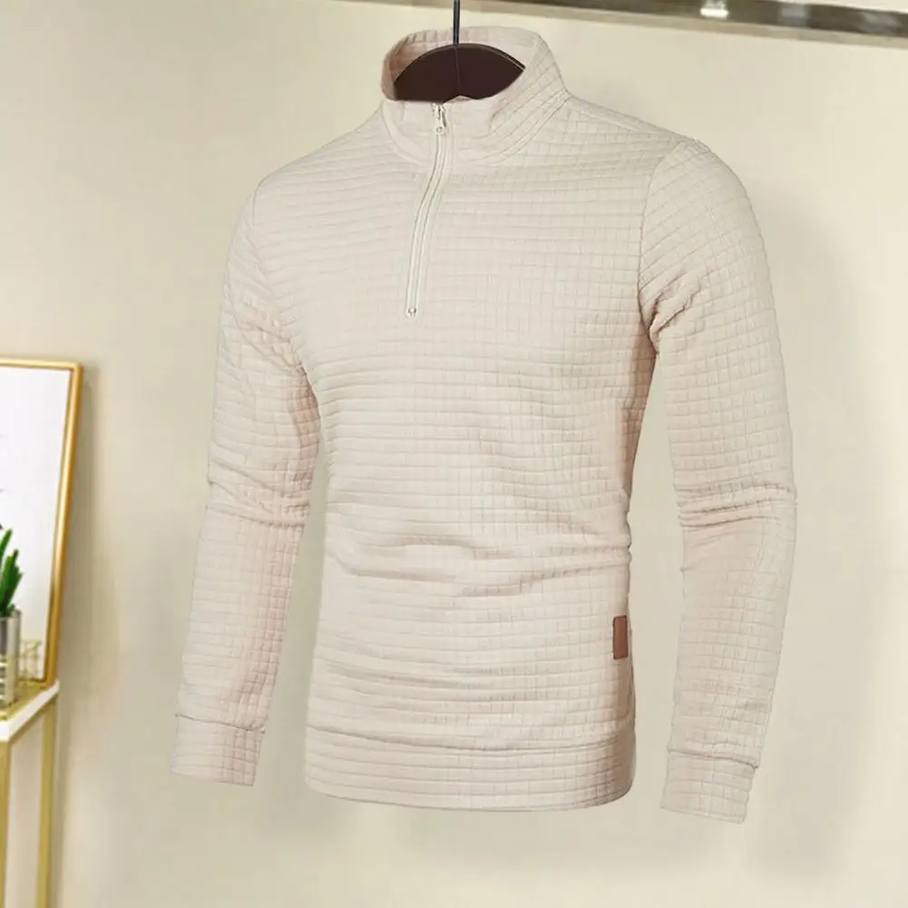 

Men Sweatshirt Fall Winter Zipper Stand Collar Long Sleeve Elastic Grid Texture Soft Warm Mid Length Pullover Men Spring Top