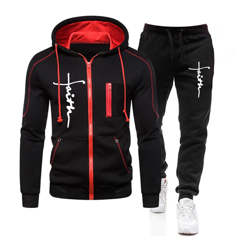 Mens Jacket Tracksuit Black Jogging Sweatpants Autumn Winter Zipper Hooded Sweatshirts Printing Casual Coat High Street Clothing