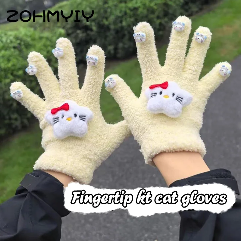 Cute Star Hello Kitty Fingertip Kitty Accessories Plush Gloves Girls Fashion Windproof Warm Soft Winter Five-finger Gloves Gifts