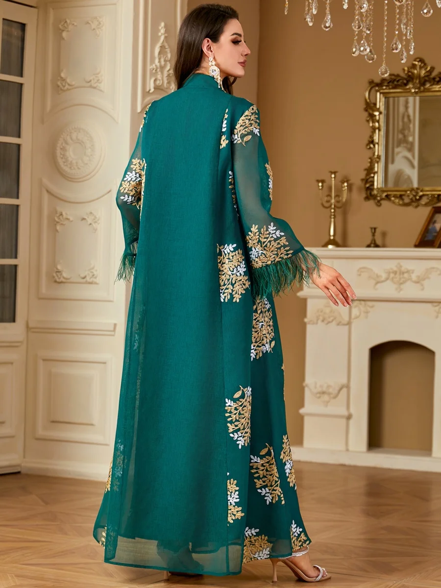 Siskakia Dubai Blumenstickerei Abayas Muslim Mesh Federn Kleid Modest Kleider für Frauen Abend