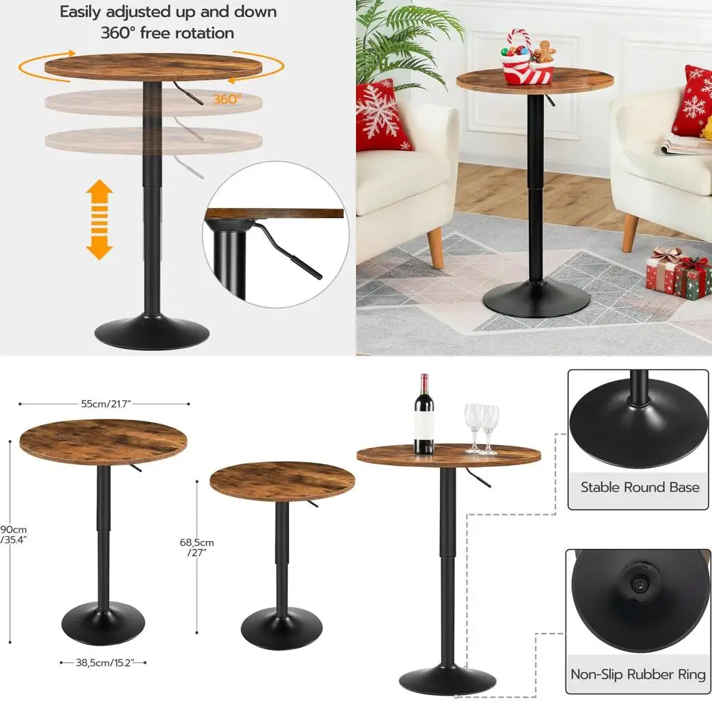

Adjustable Height Round Pub Table 27-35.4, Sturdy Base, Modern Style, Easy Assembly, Ideal for Small Spaces, Rustic Black