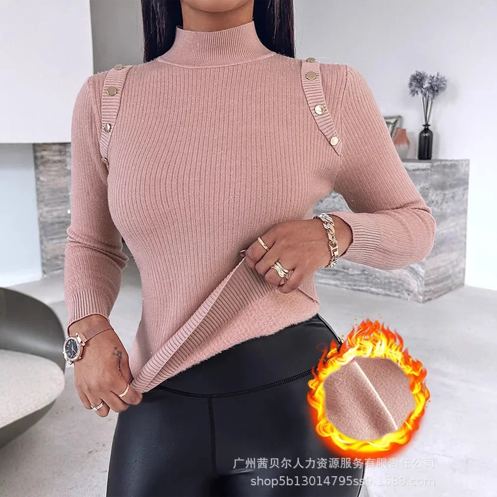 Women High Neck Knit Sweater Fleece Lined Front Button Basic Layering Soft Thermal Top Jumper